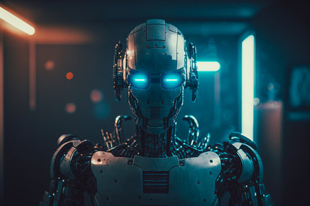 Cyborg robot in the dark room. Artificial intelligence concept.の素材