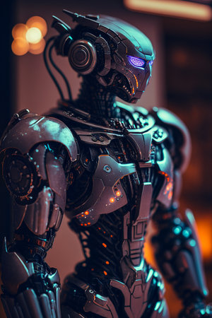 Cyborg in the dark. Artificial intelligence concept. 3D Renderingの素材