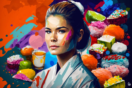 Beautiful woman with colorful cake on colorful background. Digital painting.の素材