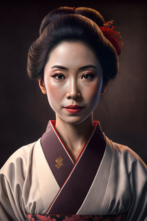 Portrait of a beautiful geisha in traditional kimono.の素材