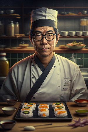 Portrait of a Japanese chef with sushi and rolls in a restaurantの素材