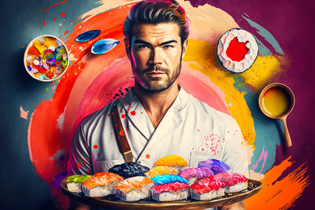 Portrait of a handsome young man in apron holding plate with colorful sushi rolls.の素材