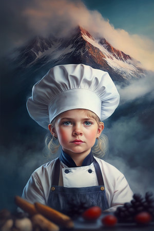 Little girl in chef hat and apron is cooking in the kitchen.の素材