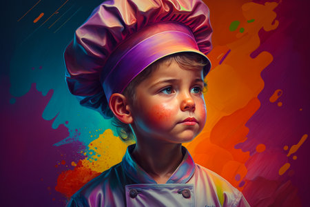 Portrait of a boy dressed as a chef against a colorful background.の素材