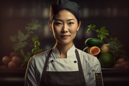 Portrait of a beautiful Asian female chef standing in the kitchenの素材