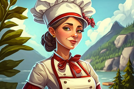 Cartoon scene with beautiful chef girl in the mountains illustration for childrenの素材