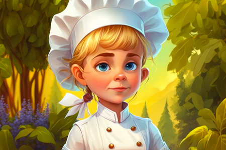 3D illustration of a cute little girl dressed as a chef.の素材