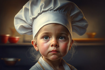 Cute little girl in chef's hat at home. Cooking concept.の素材