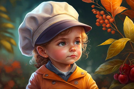 Portrait of a cute little girl in a cap and coat. Autumn time.の素材