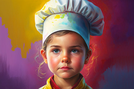 Portrait of a little girl dressed as a chef against a colorful backgroundの素材