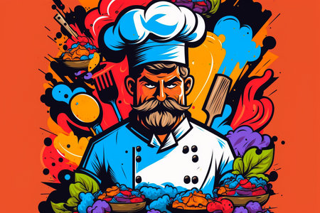 Vector illustration of a chef with a plate of food on a colorful background.の素材