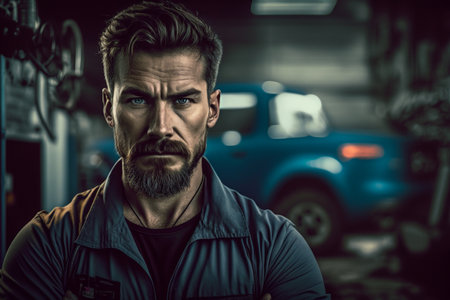 Portrait of a brutal auto mechanic working in auto repair service.の素材