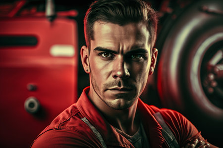 Portrait of a handsome young man in a red uniform. Men's beauty, fashion.の素材