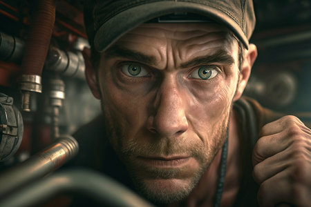 Close-up portrait of a male plumber looking at camera.の素材