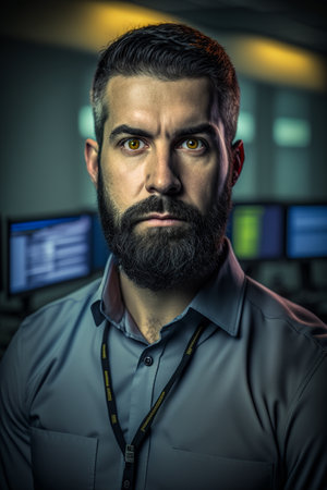 Portrait of a handsome security guard in a surveillance room. Security concept.の素材