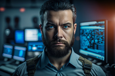 Portrait of a serious male security guard looking at camera while standing in front of computer monitors.の素材
