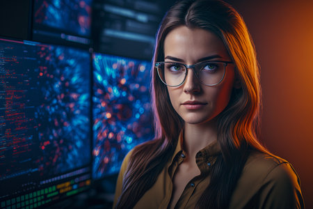 Portrait of a beautiful girl in glasses on a background of monitors.の素材