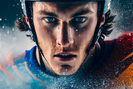 Close-up portrait of a frozen sportsman in a helmet.の素材