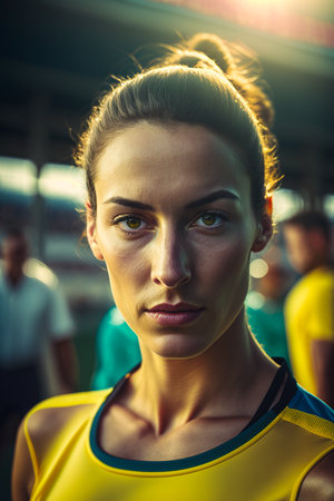 Portrait of young woman in sportswear looking at camera in stadiumの素材
