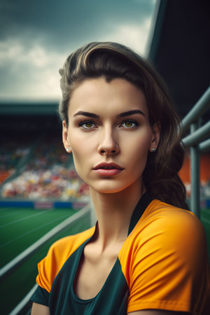 Portrait of beautiful young woman in sportswear on stadium backgroundの素材