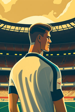 Rugby player in front of a large football stadium. Vector illustration.の素材