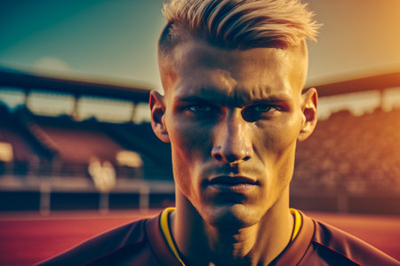 Close-up portrait of a handsome young man with short hair in a sports uniform on the stadiumの素材