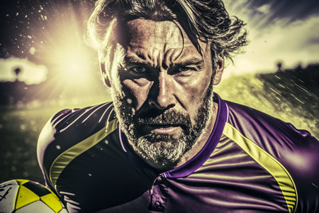 Soccer or football player with beard and mustache on serious face with ball in handの素材