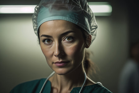 Portrait of a female surgeon at work in operating room. Healthcare and medicine.の素材