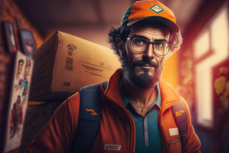 Portrait of a handsome delivery man with a beard and mustache in a cap and orange overalls.の素材
