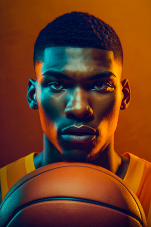 Portrait of a young African American basketball player with ballの素材