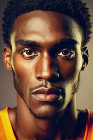 Portrait of a young African American man in orange jersey.の素材