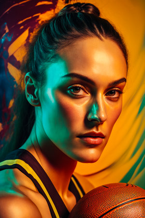 Portrait of a beautiful young woman playing basketball. Studio shot.の素材