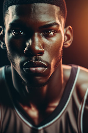 Portrait of a serious African American basketball player looking at camera isolated on black backgroundの素材
