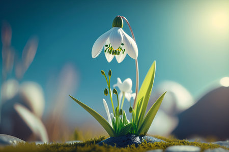 Snowdrop flower in green moss on blue sky background. Spring concept.の素材