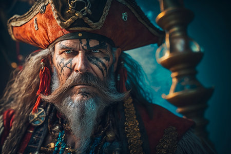 Portrait of an old man with a beard and mustache in a pirate costume.の素材