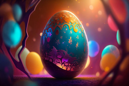 Colorful easter egg with floral ornament on blurred background.の素材