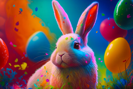 Easter bunny with colorful eggs and confetti on colorful background.の素材