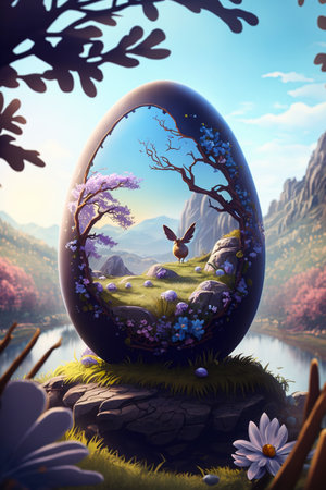 Easter egg with spring flowers on nature background.の素材