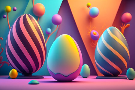 colorful easter eggs on a colored background.の素材
