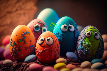 Easter eggs with funny faces on a dark background. Selective focus.の素材