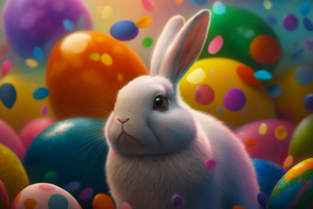 Easter bunny with colorful eggs background.の素材