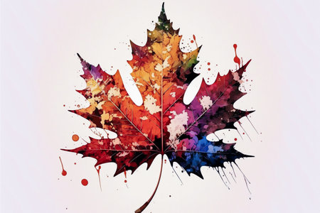 Autumn maple leaf with watercolor splashes.の素材