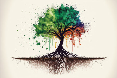 Tree with colorful watercolor splashes on white background.の素材