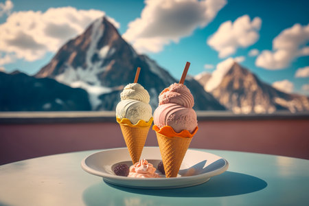 Ice cream in waffle cones on the table with mountain background.の素材