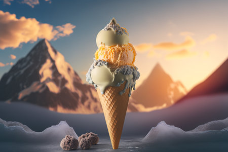 Ice cream in waffle cone with mountain background.の素材