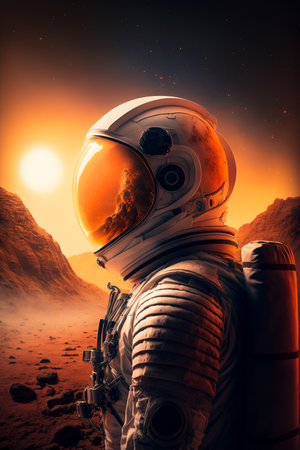Astronaut in the desert against the background of the setting sunの素材