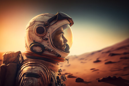 Astronaut in the desert at sunrise. marsの素材