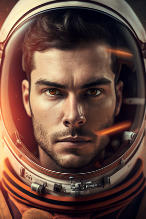 Portrait of a handsome young man in space suit. Cosmonaut.の素材