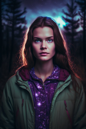 Portrait of a beautiful young woman in the forest at night.の素材