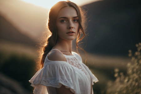 Portrait of a beautiful young woman in a white dress at sunset.の素材